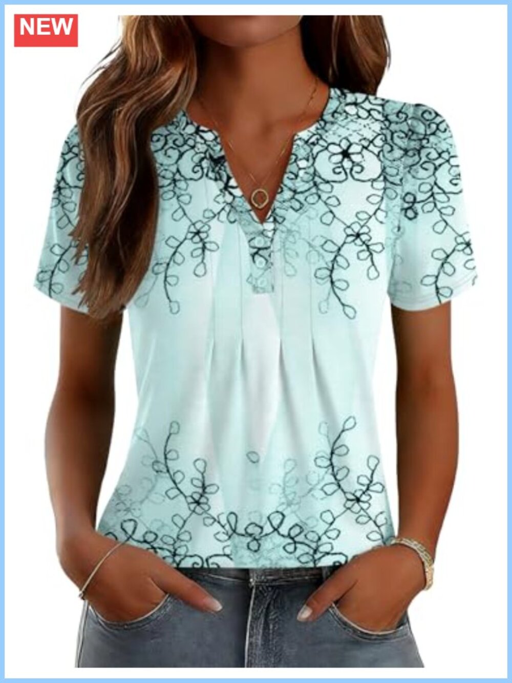 Womens V Neck Short Sleeve Blouse Pleated Front Tunic Loose Fit Cotton Top